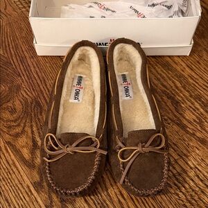 Minnetonka Chocolate Suede Moccasins with Bow